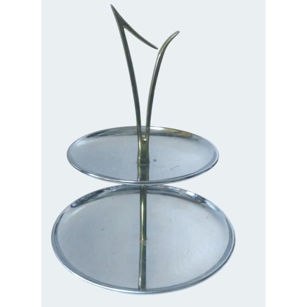 Mid-Century Modern 2-Tier Chrome & Brass Serving Tray With Abstract Handle